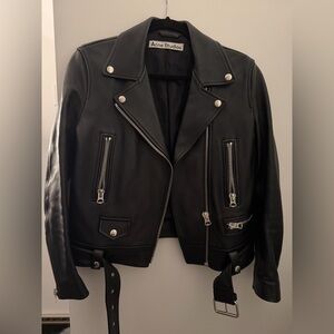 Acne Studios Black Leather Moto Jacket with Silver Hardware